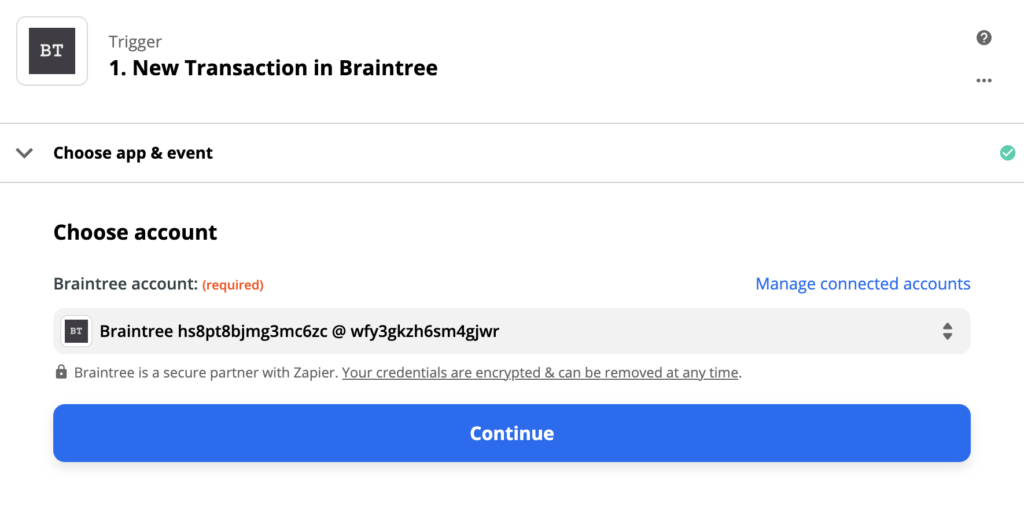 Configurazione del trigger di Braintree su Zapier