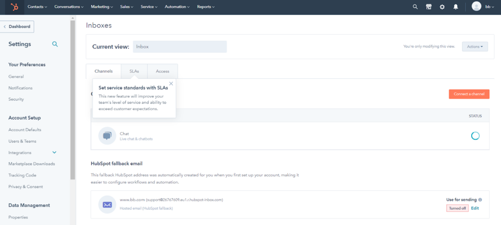 Interfaccia di Hubspot