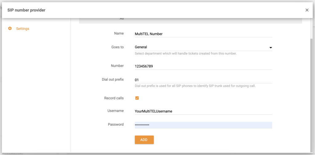 Schermata di configurazione del numero di MultiTEL in LiveAgent