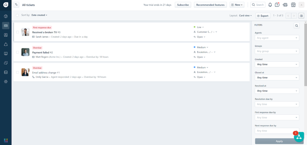 Panoramica dei ticket di Freshdesk