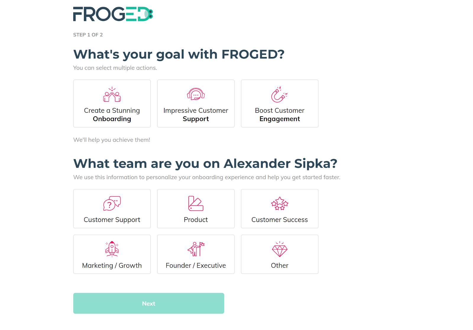 Schermata di benvenuto con opzioni di Froged